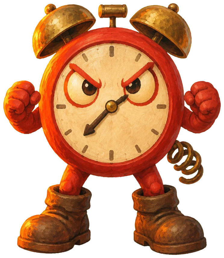 Big Alarm, jam weker raksasa berkaki, mengepalkan tinju.