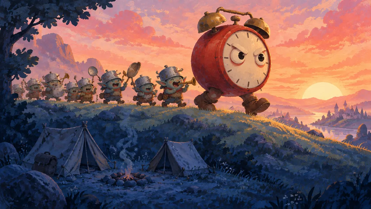 Fajar di Lullaby Vale: Big Alarm dan barisan Wakers berbaris menuju kemah yang masih tidur.