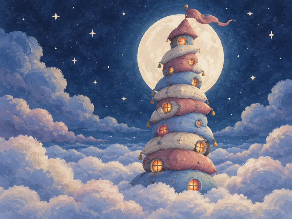 Menara Pillow Spire, tumpukan bantal bertalu jahitan di atas lautan awan.