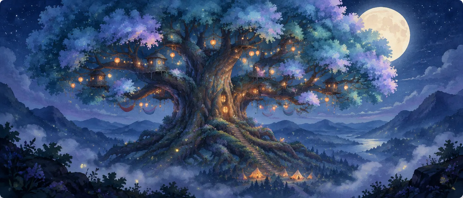 Pohon besar Lullaby Vale di bawah bulan purnama, kanopinya bercahaya teal dan lilac, lentera dan rumah mungil menggantung di cabangnya.